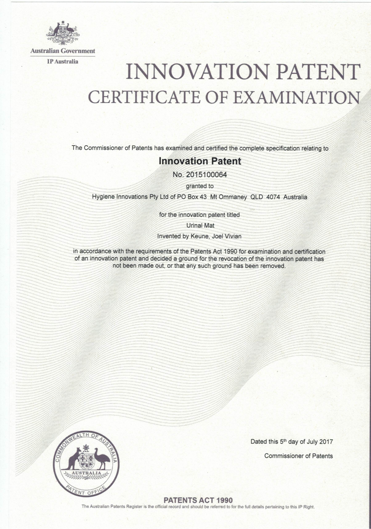 Innovation Patent Certificate of Examination